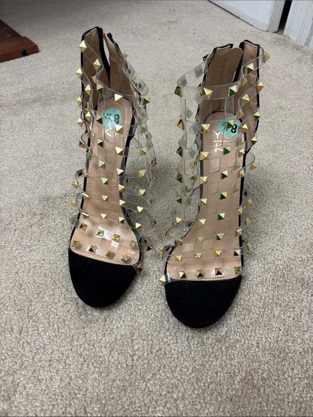 Studded Clear Strap Black Open-Toe Heels